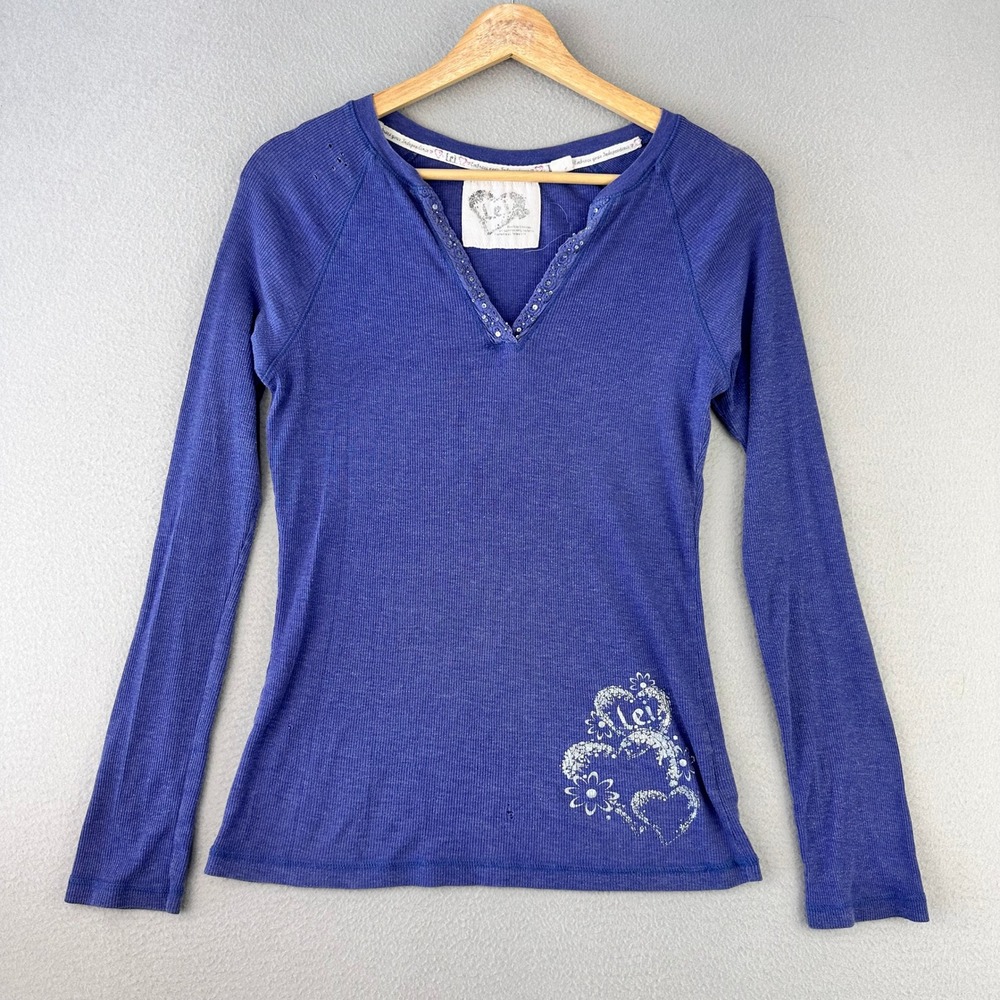 Vintage L.E.I. Babydoll Top‎ Women XL Purple Y2K Ribbed Heart Graphic V-Neck